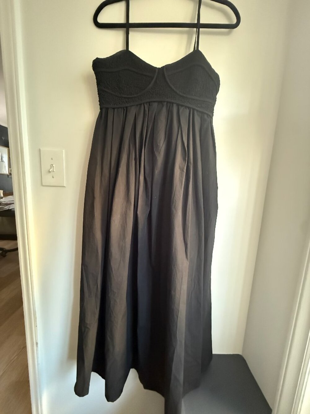 Sofie The Label Black Midi Dress Smocked Bodice Strappy A-Line Elegant